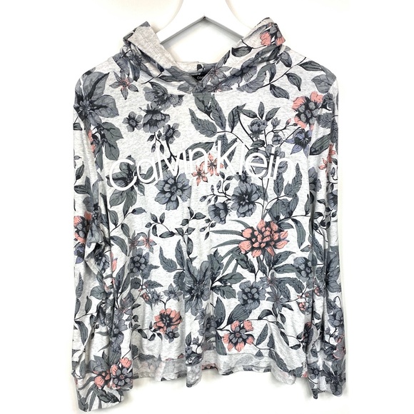 Calvin Klein Tops - Calvin Klein Logo Gray Pink Floral Hoodie EUC L